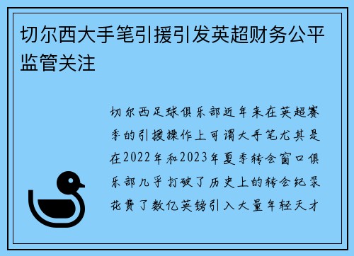 切尔西大手笔引援引发英超财务公平监管关注